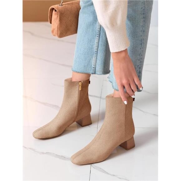 Women's Ankle Boots Chunky Low Heel Square Toe Booties Side Zipper Winter Shoes - Picture 2 of 5